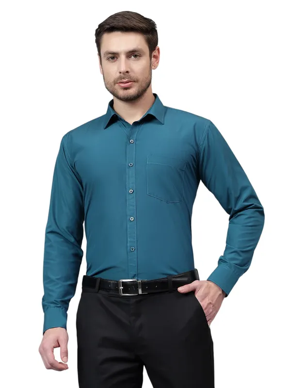 Teal_Blue_Slim_Fit_Solid_Spread_Collar_Full_Sleeve_Rich_Cotton_Formal_Shirt_For_Men