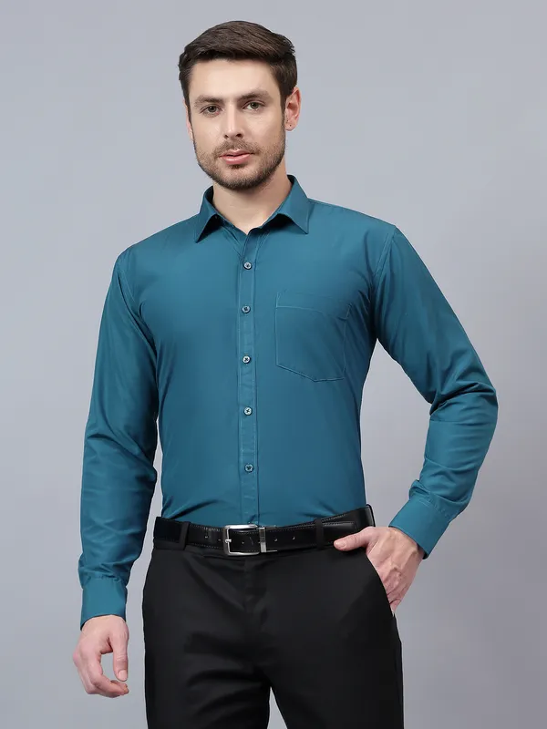 Teal_Blue_Slim_Fit_Solid_Spread_Collar_Full_Sleeve_Rich_Cotton_Formal_Shirt_For_Men