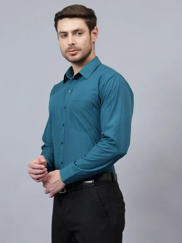 Teal_Blue_Slim_Fit_Solid_Spread_Collar_Full_Sleeve_Rich_Cotton_Formal_Shirt_For_Men