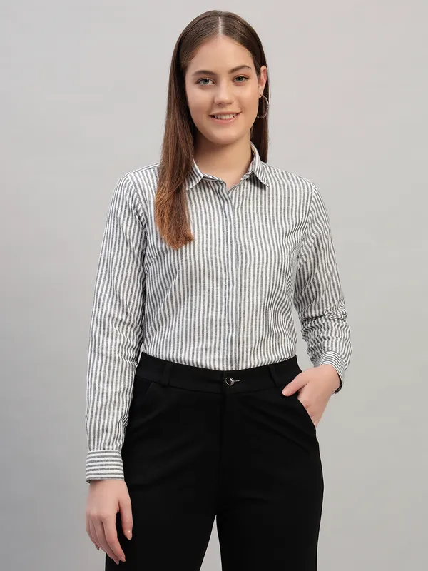 Black_And_White_Striped_Spread_Collar_Slim_Fit_Formal_Shirt_For_Women