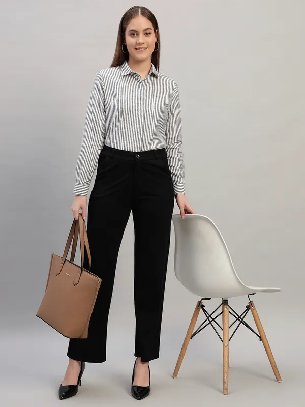Black_And_White_Striped_Spread_Collar_Slim_Fit_Formal_Shirt_For_Women