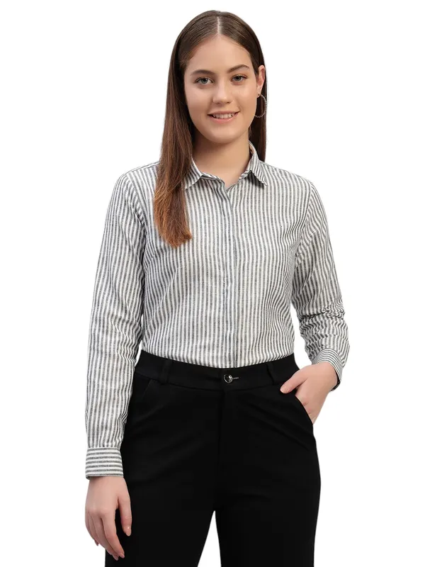 Black_And_White_Striped_Spread_Collar_Slim_Fit_Formal_Shirt_For_Women