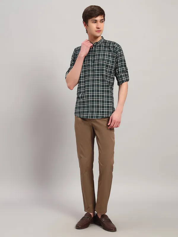 Green_Regular_Fit_Check_Ben_Collar_Full_Sleeve_Casual_Cotton_Short_Kurta_For_Men