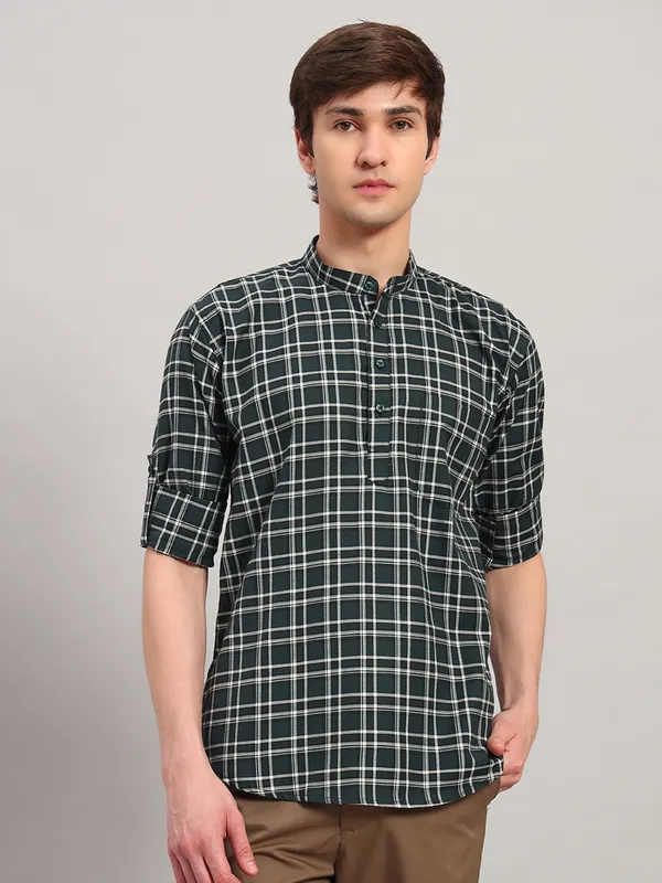 Green_Regular_Fit_Check_Ben_Collar_Full_Sleeve_Casual_Cotton_Short_Kurta_For_Men