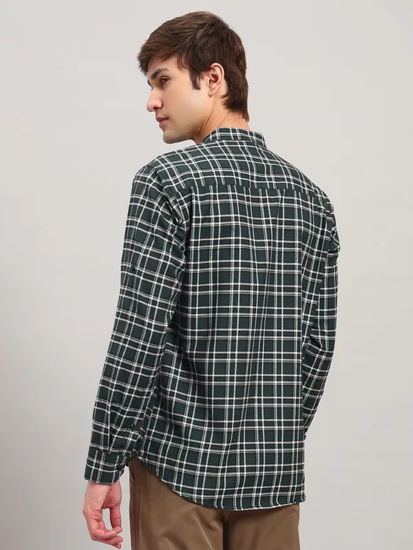 Green_Regular_Fit_Check_Ben_Collar_Full_Sleeve_Casual_Cotton_Short_Kurta_For_Men