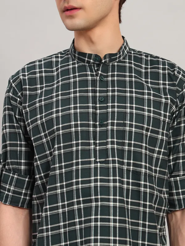 Green_Regular_Fit_Check_Ben_Collar_Full_Sleeve_Casual_Cotton_Short_Kurta_For_Men
