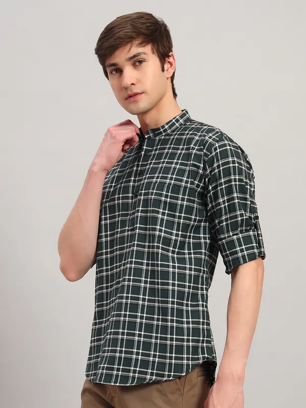 Green_Regular_Fit_Check_Ben_Collar_Full_Sleeve_Casual_Cotton_Short_Kurta_For_Men