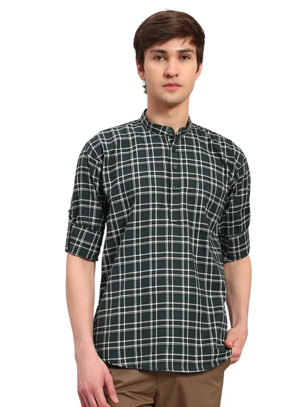 Green_Regular_Fit_Check_Ben_Collar_Full_Sleeve_Casual_Cotton_Short_Kurta_For_Men