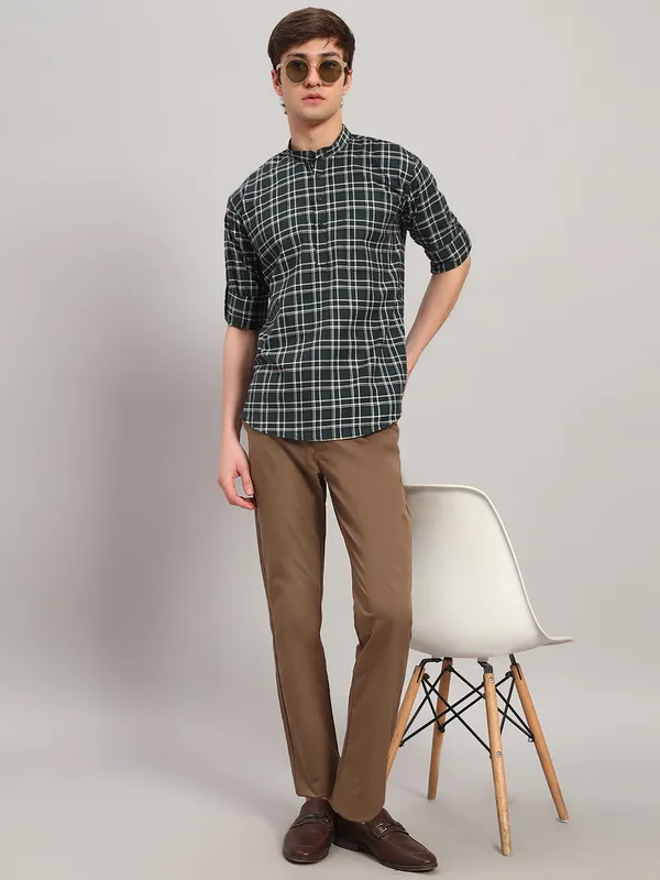 Green_Regular_Fit_Check_Ben_Collar_Full_Sleeve_Casual_Cotton_Short_Kurta_For_Men