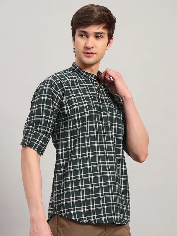 Green_Regular_Fit_Check_Ben_Collar_Full_Sleeve_Casual_Cotton_Short_Kurta_For_Men