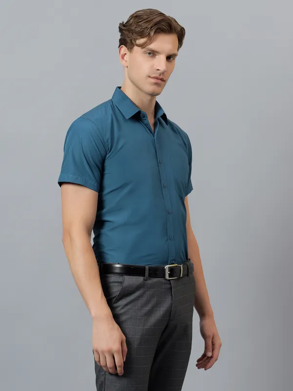 Teal_Blue_Slim_Fit_Solid_Spread_Collar_Half_Sleeve_Formal_Shirt_For_Men