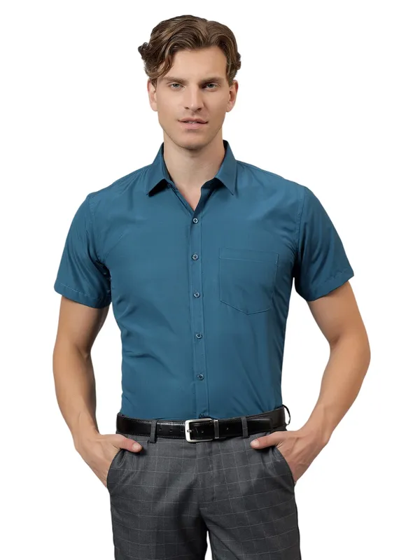 Teal_Blue_Slim_Fit_Solid_Spread_Collar_Half_Sleeve_Formal_Shirt_For_Men