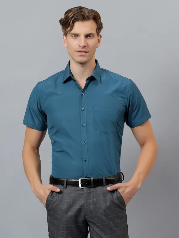 Teal_Blue_Slim_Fit_Solid_Spread_Collar_Half_Sleeve_Formal_Shirt_For_Men
