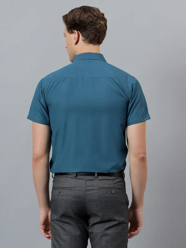 Teal_Blue_Slim_Fit_Solid_Spread_Collar_Half_Sleeve_Formal_Shirt_For_Men