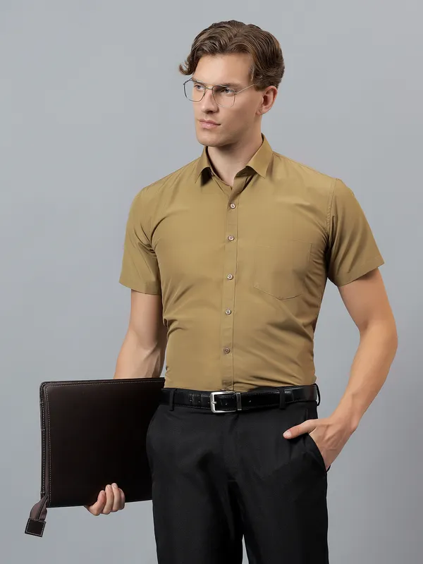 Khaki_Slim_Fit_Solid_Spread_Collar_Half_Sleeve_Formal_Shirt_For_Men