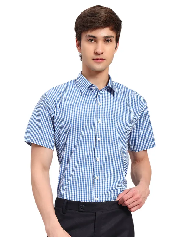 Blue_And_White_Slim_Fit_Checked_Spread_Collar_Half_Sleeve_Cotton_Formal_Shirt_For_Men