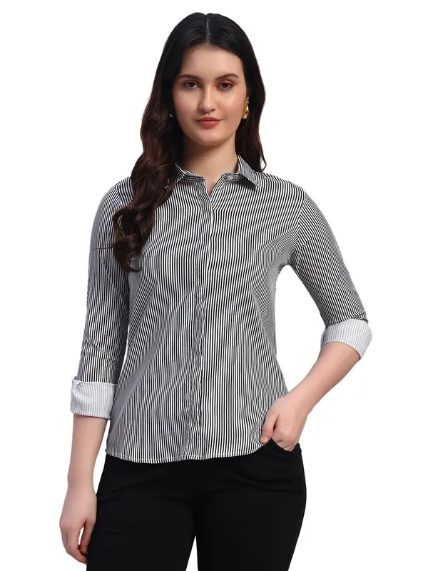 Black_And_White_Relaxed_Slim_Fit_Vertical_Striped_Spread_Collar_Cotton_Casual_Shirt_For_Women