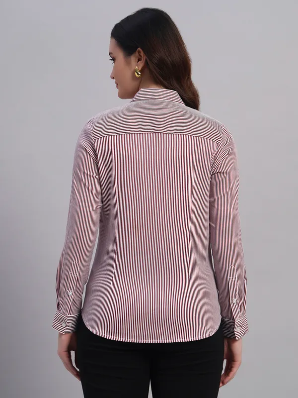 Red_And_White_Relaxed_Slim_Fit_Vertical_Striped_Spread_Collar_Cotton_Casual_Shirt_For_Women