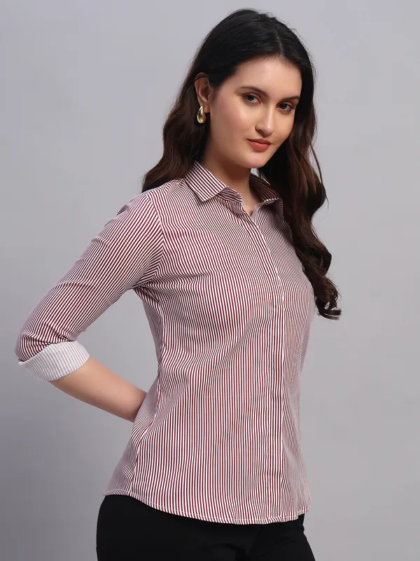 Red_And_White_Relaxed_Slim_Fit_Vertical_Striped_Spread_Collar_Cotton_Casual_Shirt_For_Women