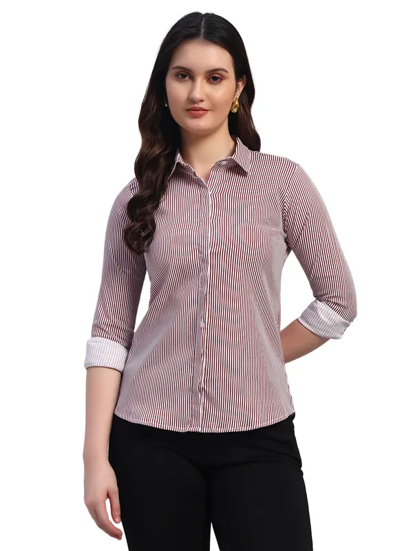 Red_And_White_Relaxed_Slim_Fit_Vertical_Striped_Spread_Collar_Cotton_Casual_Shirt_For_Women