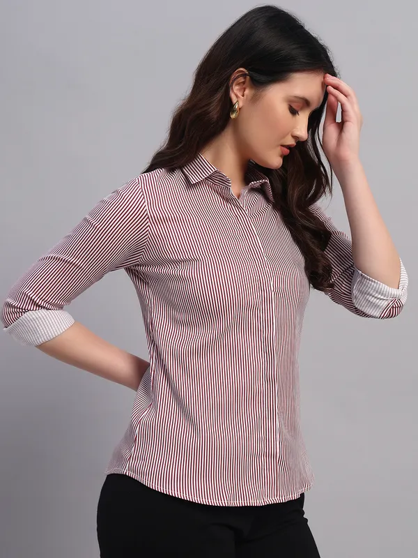 Red_And_White_Relaxed_Slim_Fit_Vertical_Striped_Spread_Collar_Cotton_Casual_Shirt_For_Women