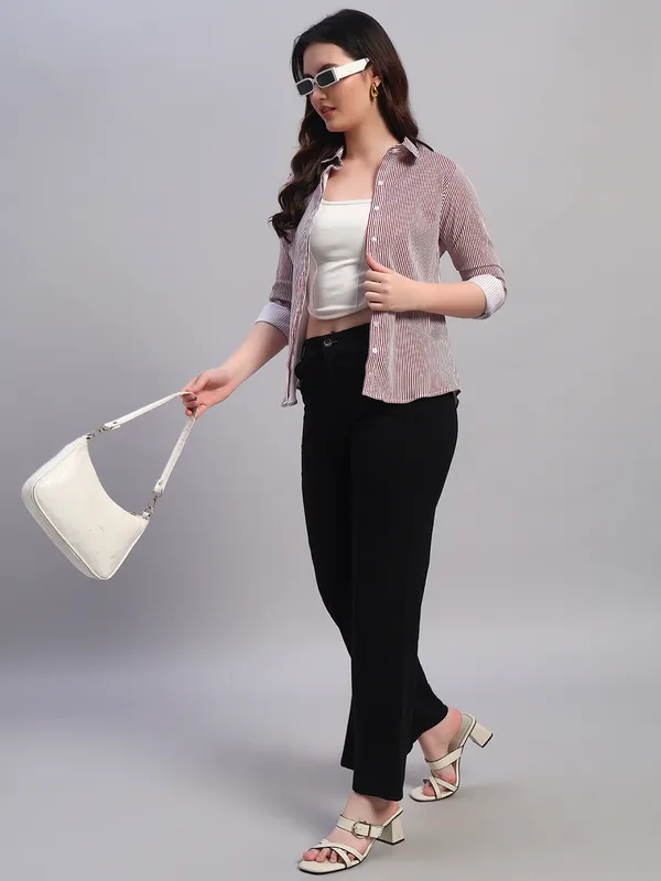 Red_And_White_Relaxed_Slim_Fit_Vertical_Striped_Spread_Collar_Cotton_Casual_Shirt_For_Women