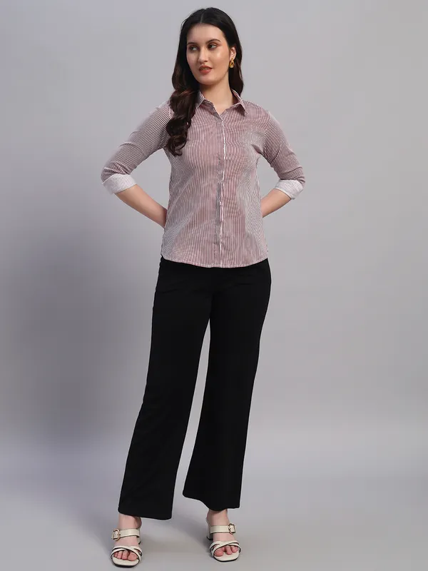 Red_And_White_Relaxed_Slim_Fit_Vertical_Striped_Spread_Collar_Cotton_Casual_Shirt_For_Women