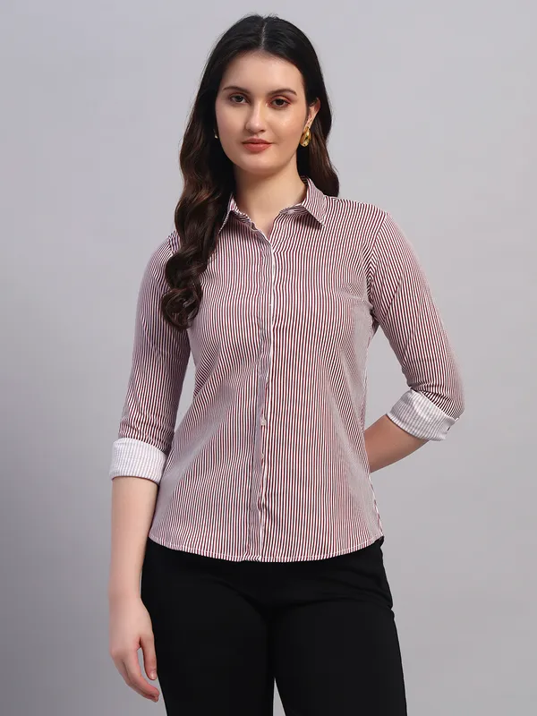 Red_And_White_Relaxed_Slim_Fit_Vertical_Striped_Spread_Collar_Cotton_Casual_Shirt_For_Women