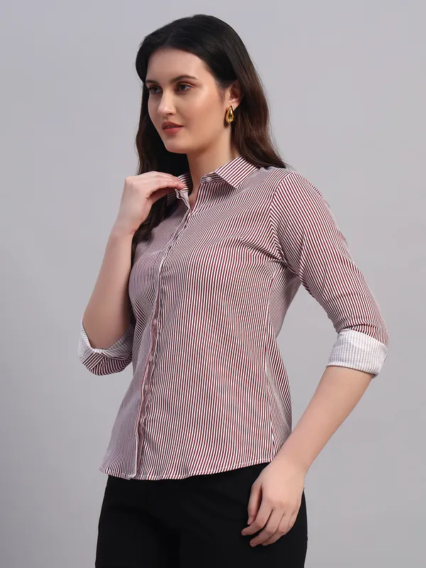 Red_And_White_Relaxed_Slim_Fit_Vertical_Striped_Spread_Collar_Cotton_Casual_Shirt_For_Women