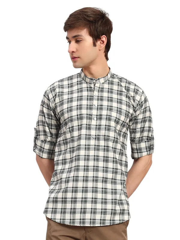 Cream_And_Green_Regular_Fit_Check_Ben_Collar_Full_Sleeve_Casual_Cotton_Short_Kurta_For_Men