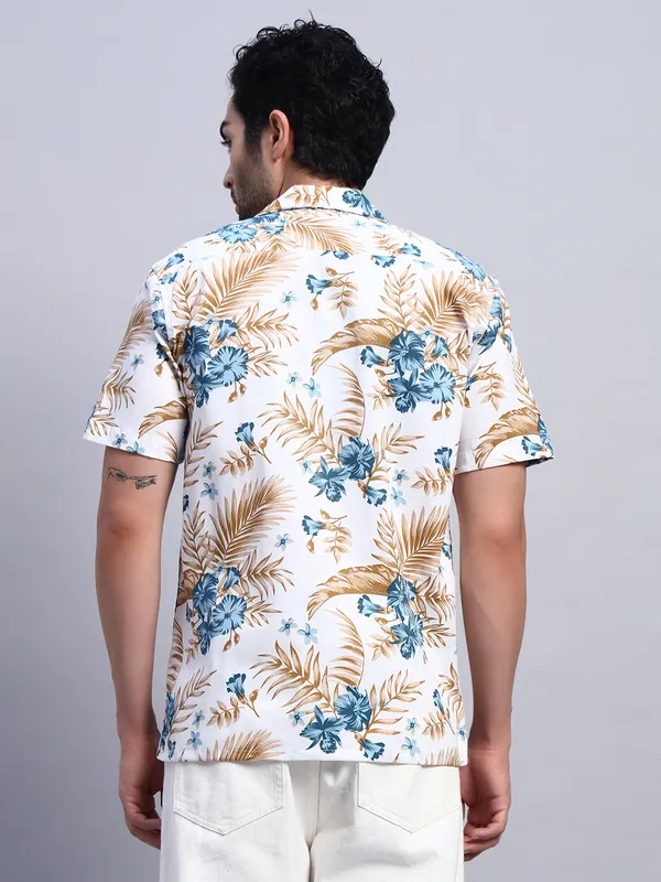 Khaki_And_White_Floral_Printed_Casual_Shirt_For_Men