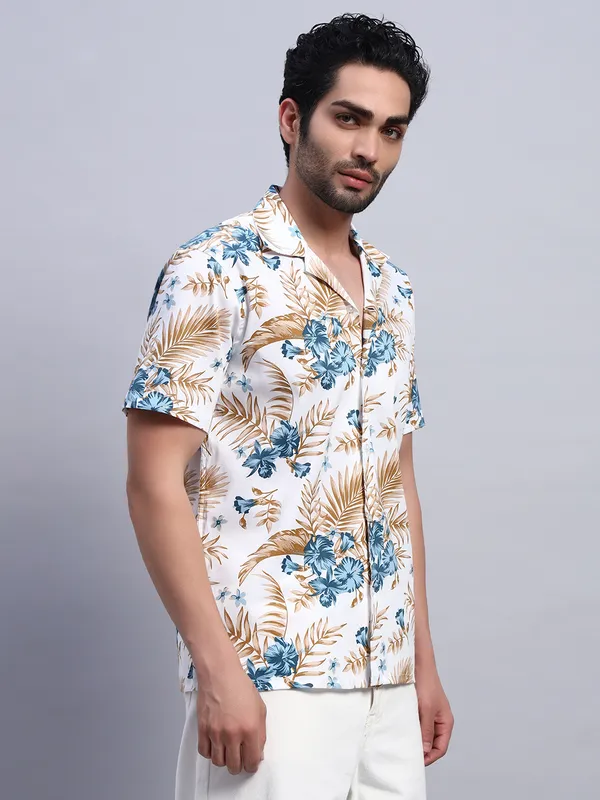 Khaki_And_White_Floral_Printed_Casual_Shirt_For_Men