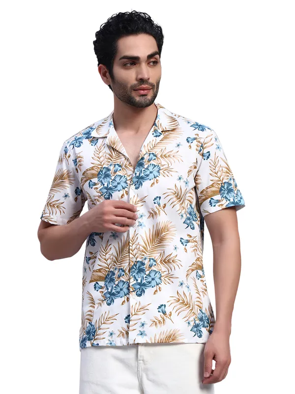 Khaki_And_White_Floral_Printed_Casual_Shirt_For_Men