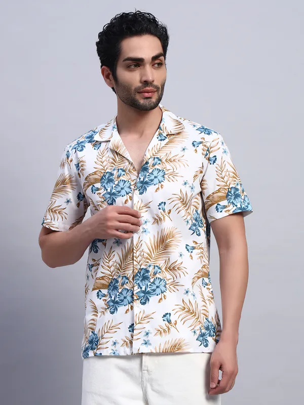 Khaki_And_White_Floral_Printed_Casual_Shirt_For_Men