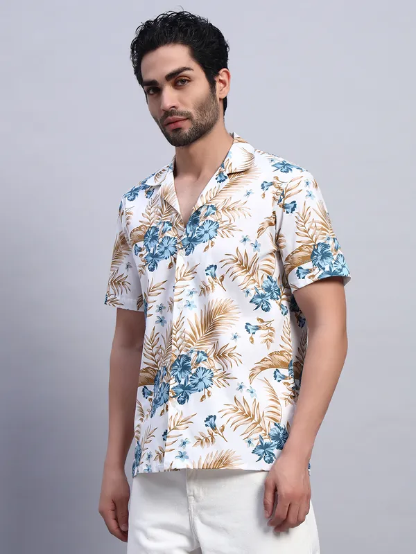 Khaki_And_White_Floral_Printed_Casual_Shirt_For_Men