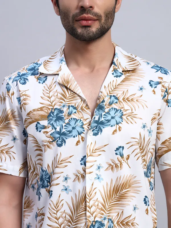 Khaki_And_White_Floral_Printed_Casual_Shirt_For_Men