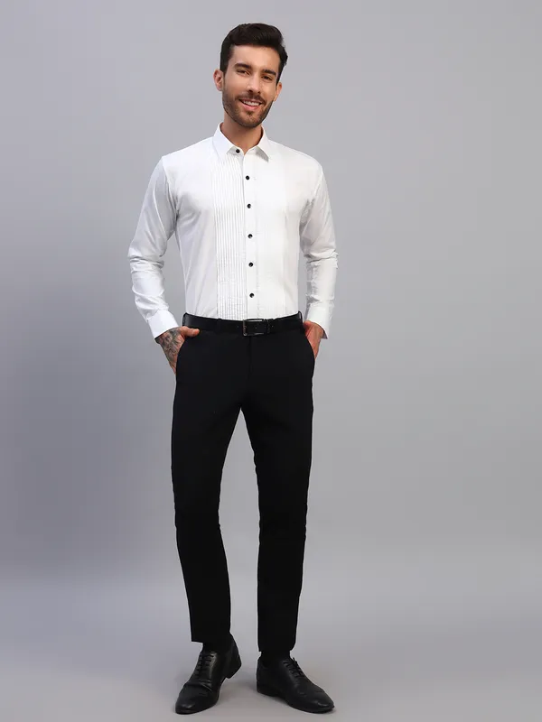 White_Slim_Fit_Pintucked_Spread_Collar_Long_Sleeves_Party_Tuxedo_Shirt_For_Men