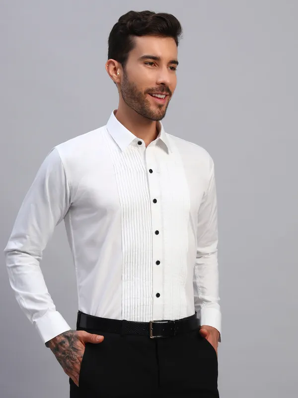 White_Slim_Fit_Pintucked_Spread_Collar_Long_Sleeves_Party_Tuxedo_Shirt_For_Men