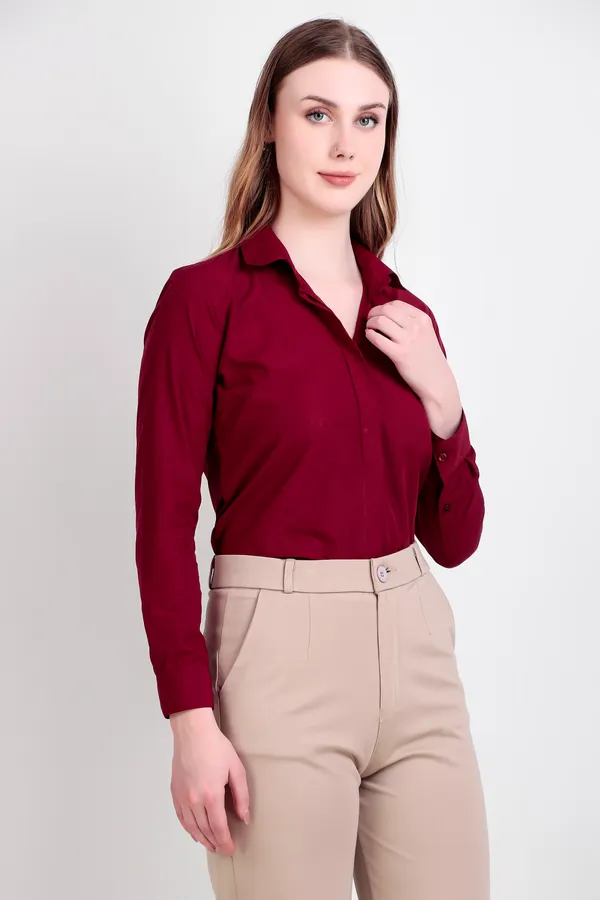 Maroon_Regular_Fit_Solid_Spread_Collar_Full_Sleeve_Rich_Cotton_Shirt_For_Women