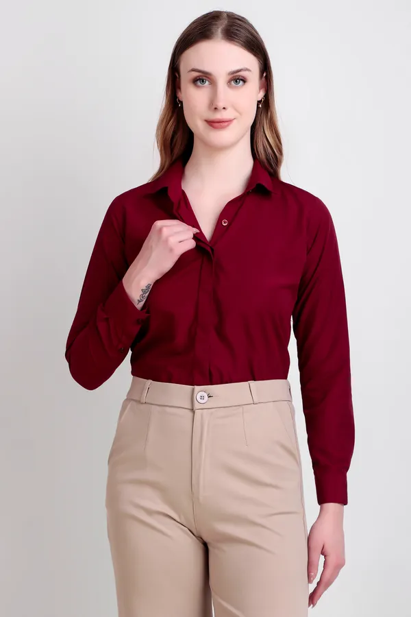 Maroon_Regular_Fit_Solid_Spread_Collar_Full_Sleeve_Rich_Cotton_Shirt_For_Women