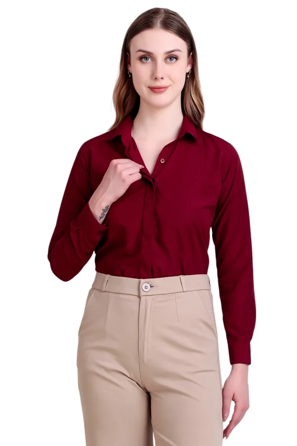 Maroon_Regular_Fit_Solid_Spread_Collar_Full_Sleeve_Rich_Cotton_Shirt_For_Women
