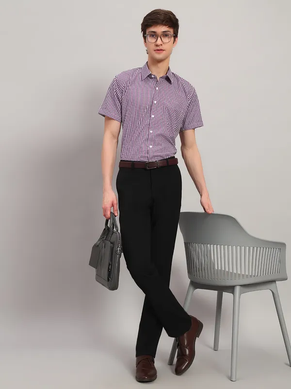 White_And_Purple_Slim_Fit_Checked_Spread_Collar_Half_Sleeve_Cotton_Formal_Shirt_For_Men