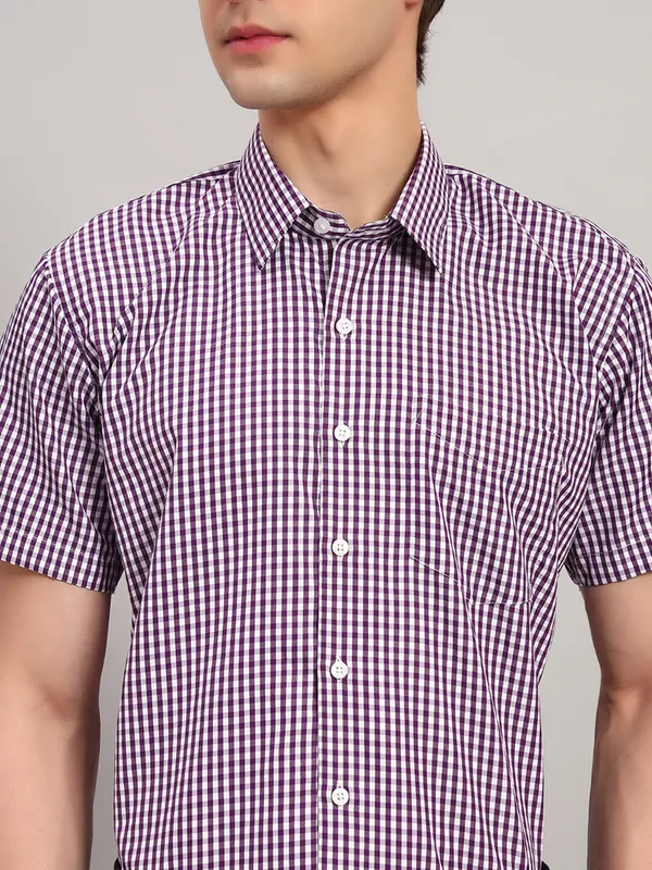 White_And_Purple_Slim_Fit_Checked_Spread_Collar_Half_Sleeve_Cotton_Formal_Shirt_For_Men