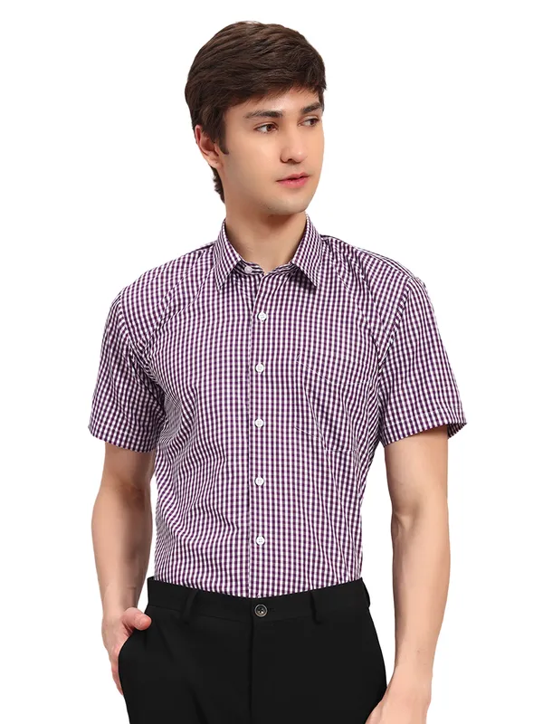 White_And_Purple_Slim_Fit_Checked_Spread_Collar_Half_Sleeve_Cotton_Formal_Shirt_For_Men