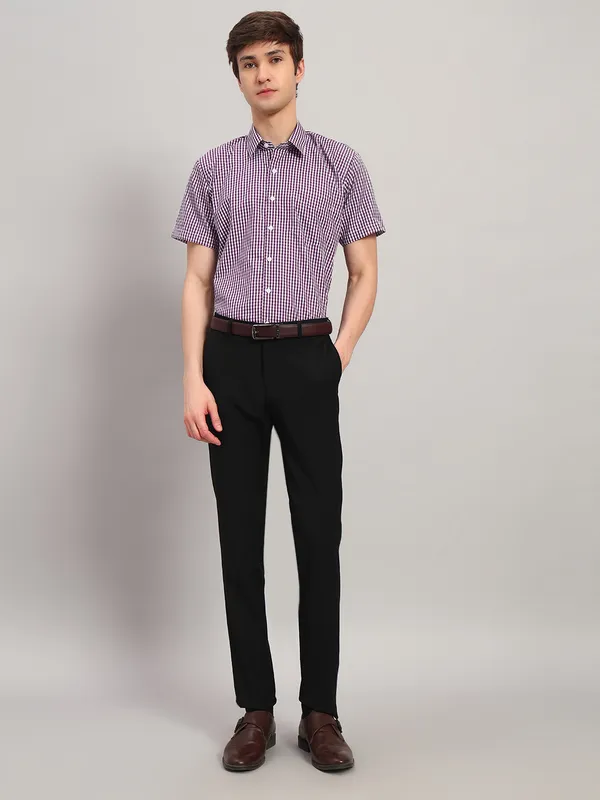 White_And_Purple_Slim_Fit_Checked_Spread_Collar_Half_Sleeve_Cotton_Formal_Shirt_For_Men