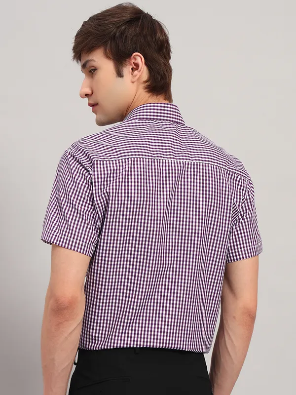 White_And_Purple_Slim_Fit_Checked_Spread_Collar_Half_Sleeve_Cotton_Formal_Shirt_For_Men