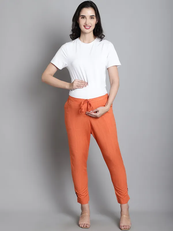 Orange_Solid_Sustainable_Cotton_Ankel_Length_Maternity_Trouser_For_Women