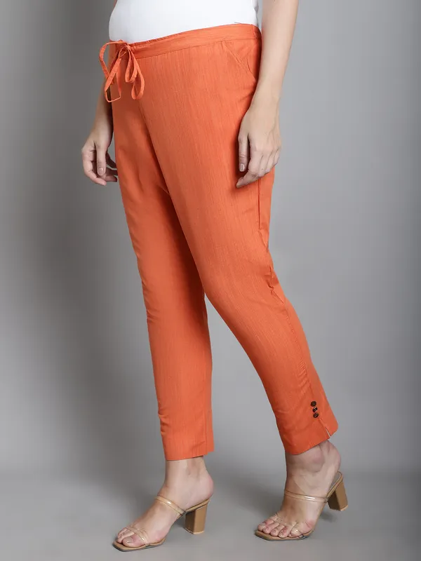 Orange_Solid_Sustainable_Cotton_Ankel_Length_Maternity_Trouser_For_Women