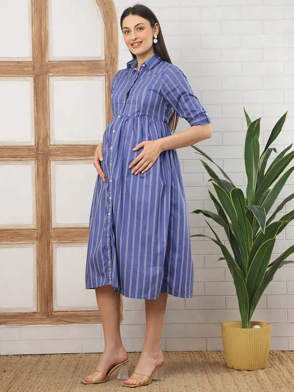 Moms_Maternity_Women's_Striped_Print_Cotton_Blue_Color_Shirt_Collar_Midi_Dress