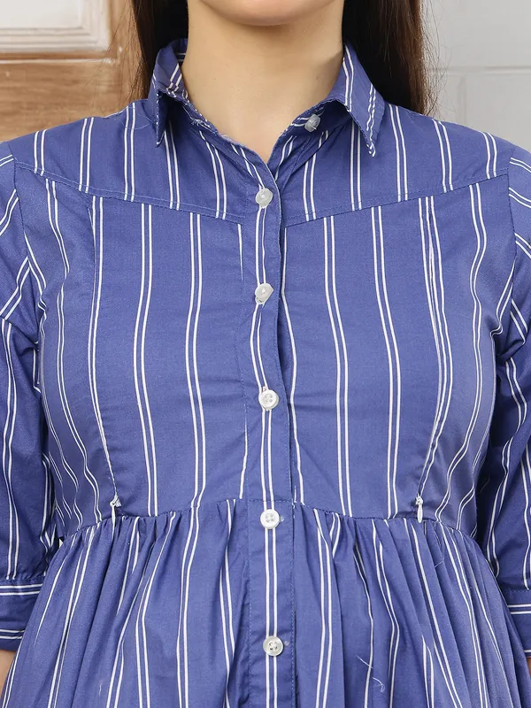 Moms_Maternity_Women's_Striped_Print_Cotton_Blue_Color_Shirt_Collar_Midi_Dress